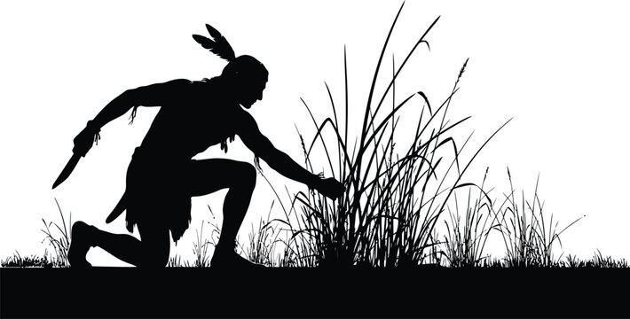 Silhouette illustration of a native american warrior kneeling in tall grass holding a knife in a dramatic pose