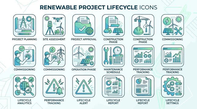Renewable Energy Project Lifecycle Icon Set for Sustainable Infrastructure Management.