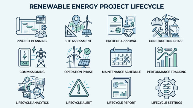 Renewable energy project lifecycle icons infographic.