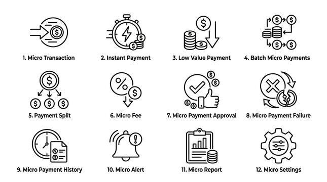 Set of 12 line icons for micro payment and financial transaction services.