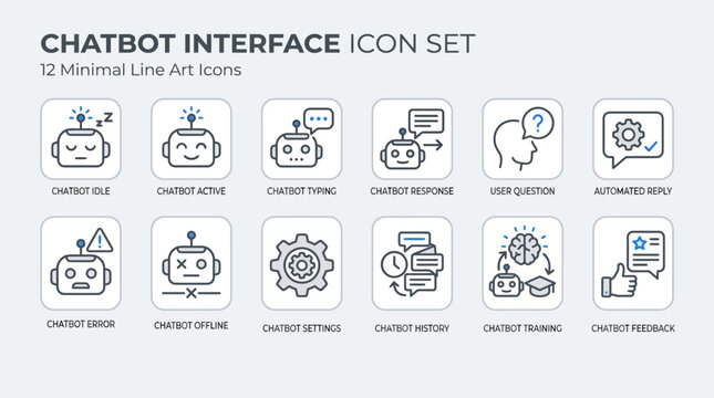 Set of 12 minimal line art icons for chatbot interface design.