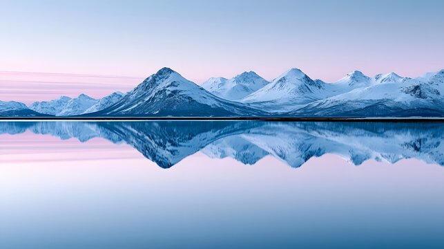 Snow-Capped Mountains Reflected in Still Alpine Lake at Dawn