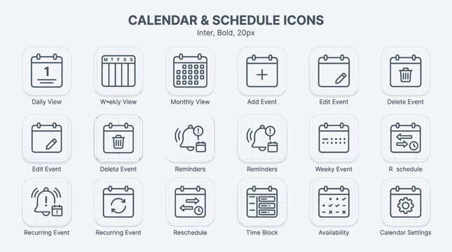 Set of 18 outline style calendar and schedule planning icons.
