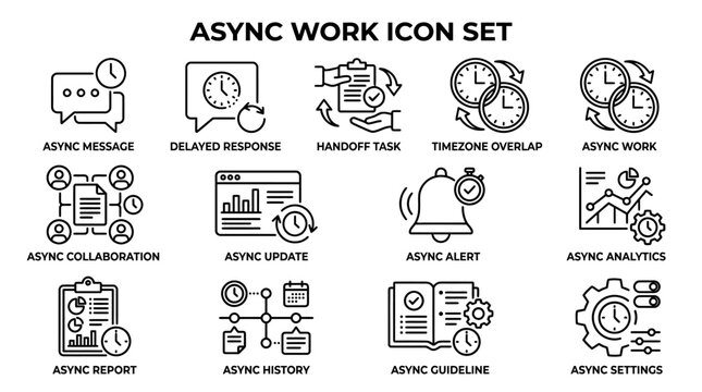 Set of Asynchronous Work Line Icons for Business Productivity and Remote Collaboration.