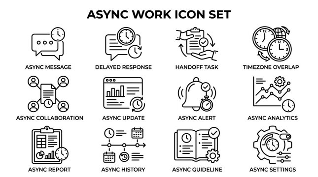 Set of Asynchronous Work and Remote Team Collaboration Outline Icons.