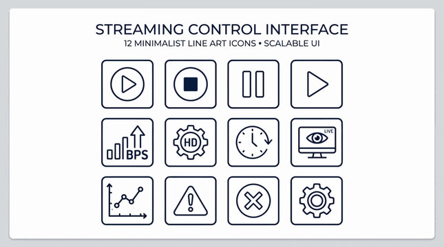Minimalist streaming control interface line art icon set for UI design.