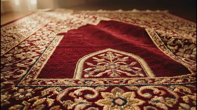A beautiful ornate red prayer rug laid out for Islamic religious worship.