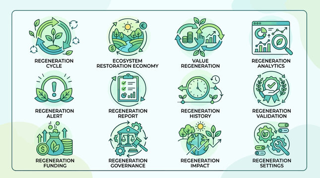 Regeneration and Ecosystem Restoration Business Icons Set.