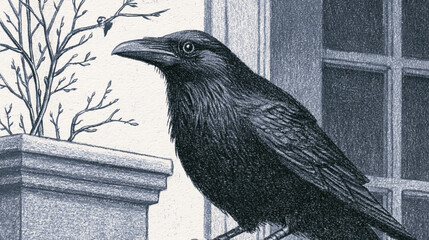 Obraz premium Graphite raven portrait in Victorian nature journal style with open beak and authority