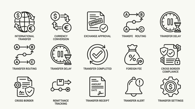 Set of financial transaction and money transfer line icons.