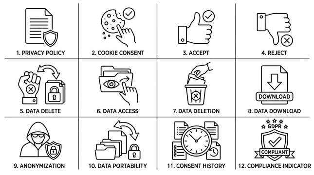 Set of data privacy and GDPR compliance line icons.