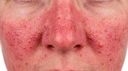 Naklejka premium Front view of female face with severe rosacea erythema and telangiectasia on nose