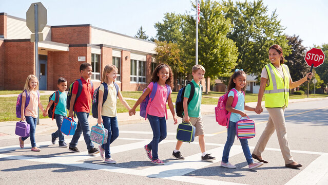School crossing guard holds a stop sign while guiding a line of young elementary students across the crosswalk to reach their school building safely.