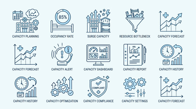 Set of hand drawn capacity management and business analytics line icons.