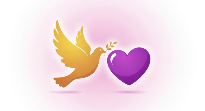 Golden bird with purple heart on soft pink background.