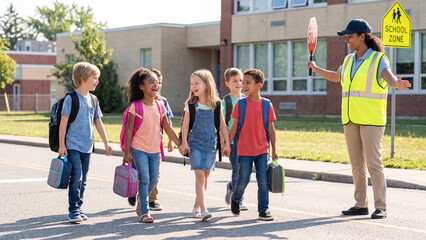 Obraz premium Crossing guard helps a group of diverse elementary students walk safely across the street toward the school grounds with their lunch boxes and backpacks.