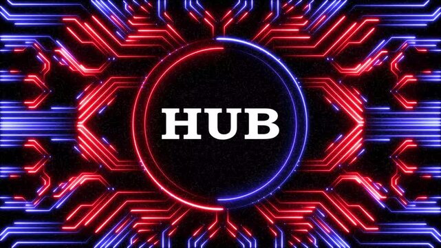 Futuristic technology hub abstract background with glowing neon circuit lines.