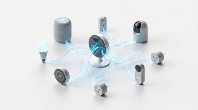 Smart home ecosystem with interconnected devices controlled by a central hub, showcasing seamless integration and modern technology