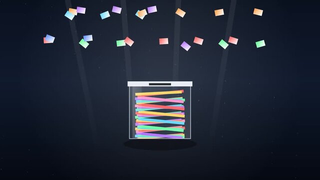abstract animation of colorful ballot cards drop into a transparent election box