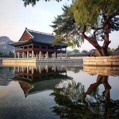 Fototapeta premium Traditional Asian Pavilion Over Water Surrounded by Trees and Mountains in Natural Setting