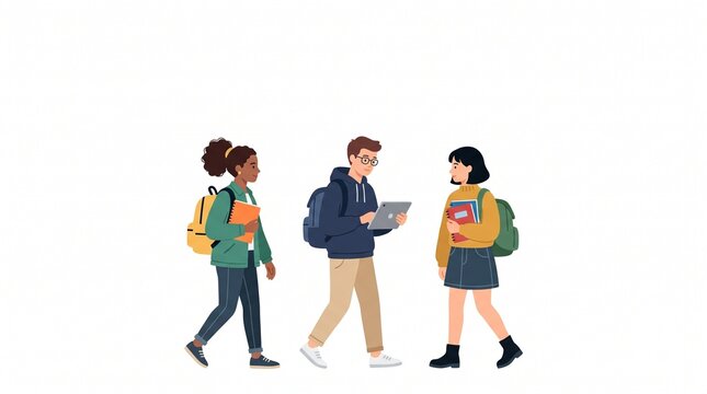 Three diverse students with backpacks and books walking and interacting. The student in the middle holds a tablet, engaging the other two