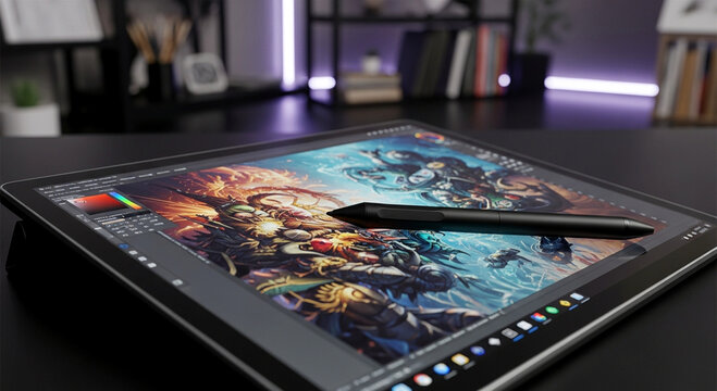 Close-up of a professional graphics tablet and stylus pen in a modern creative studio.