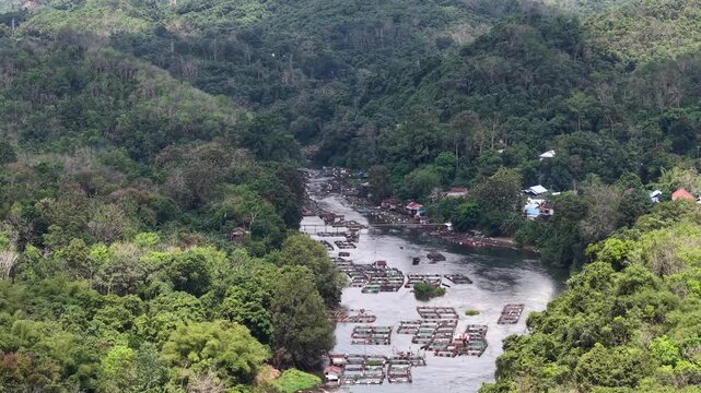 Aerial view of fish ponds in the Riam Kanan reservoir waters area