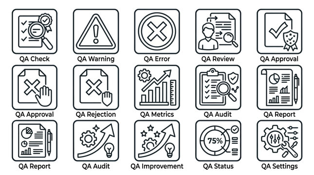Set of quality assurance and software testing line icons.