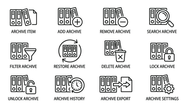 Set of twelve hand drawn archive icons for digital data management.