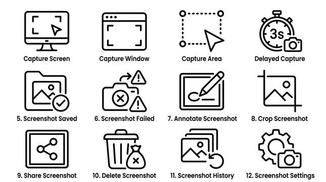 Set of screenshot tool icons representing screen capture and editing functions.