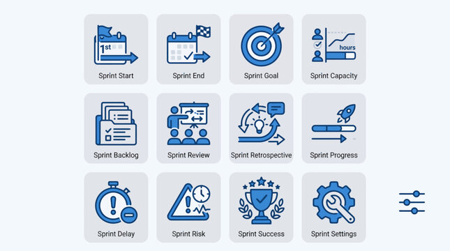 Set of Scrum Sprint Management and Agile Development Process Icons.
