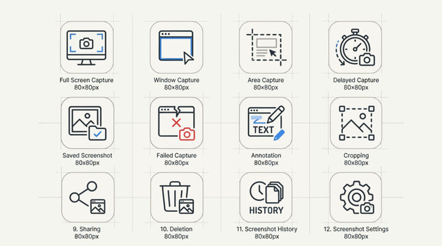 Set of screenshot tool icons representing screen capture features and software functions.