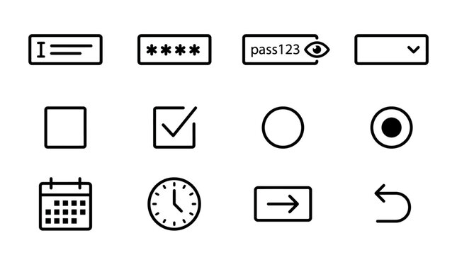 Set of UI form elements and interface control icons.