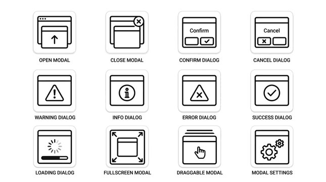 Set of UI Modal Dialog Box Icons for Web Design.