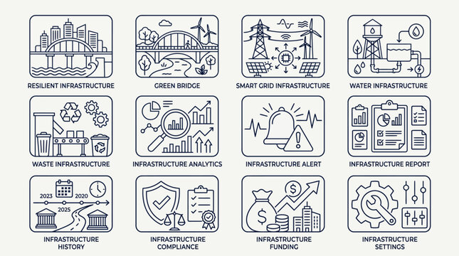 Set of infrastructure icons representing urban development and civil engineering services.