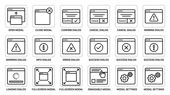 Set of UI modal window outline icons for web design.