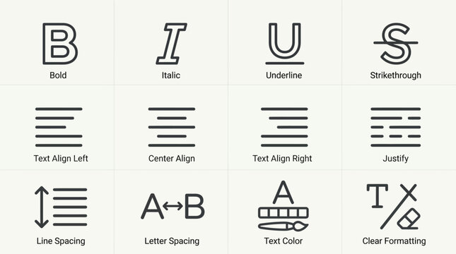 Set of text formatting and paragraph alignment icons for digital interface design.