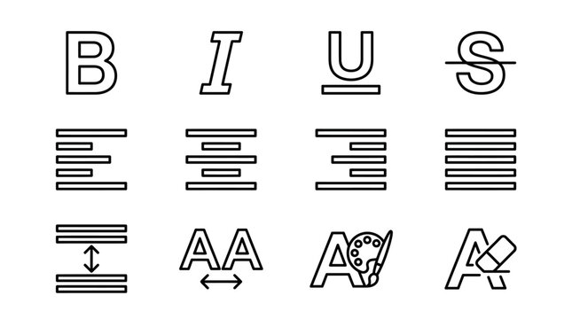 Set of text formatting and typography icon collection.