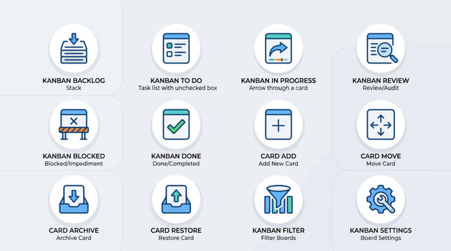 Set of Kanban board management software interface icons.