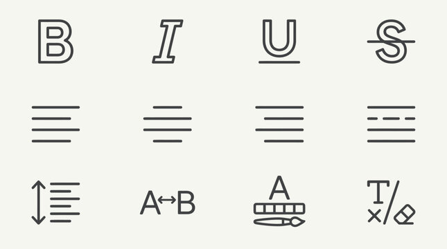 Set of text formatting and word processing line icons.