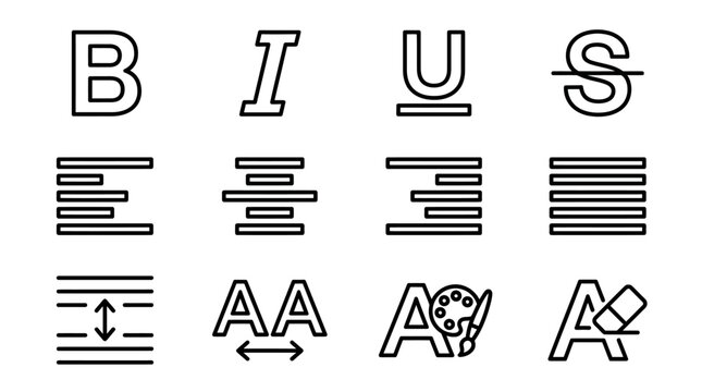 Set of text formatting and word processing icons.