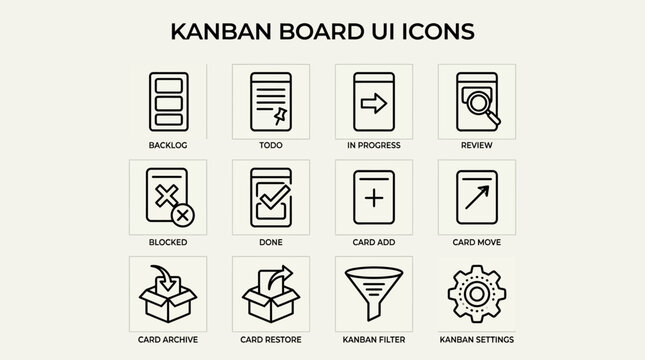 Set of Kanban Board UI Icons for Project Management Software.