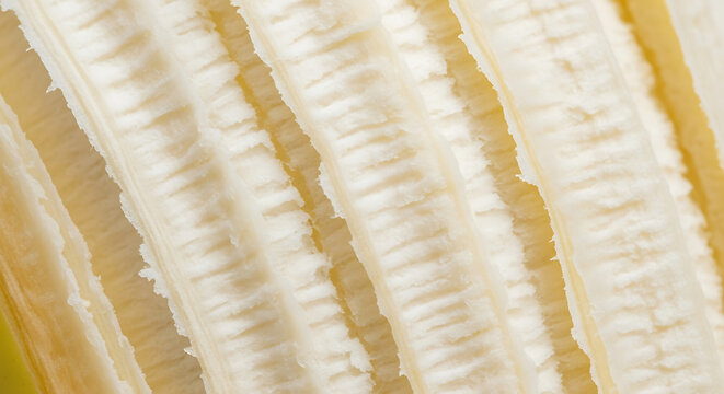 Close-up of the textured flesh of a peeled banana, showing fibrous strands and creamy white interior.