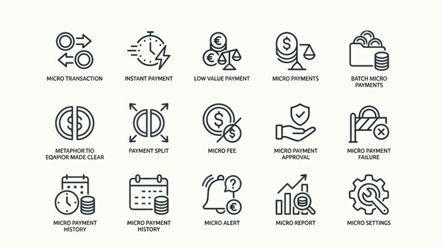 Set of line icons for financial payment processing and banking transactions.