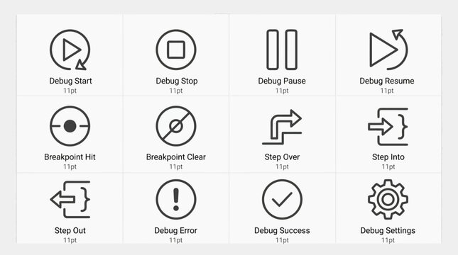 Set of line icons for software debugging and development tools.