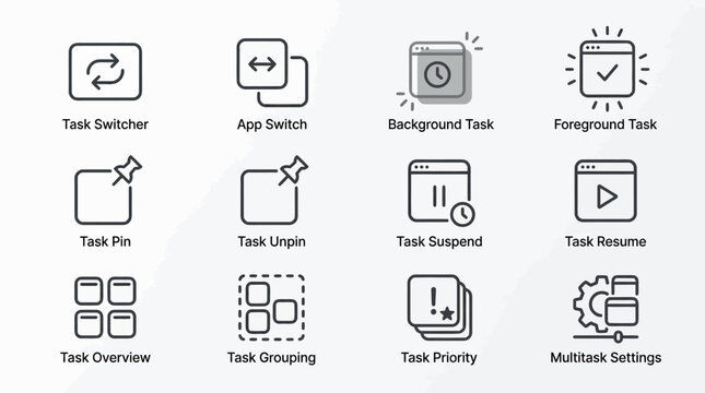 Set of line icons for task management and multitasking operations.