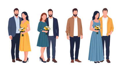 Obraz premium Set of illustrations of happy couples holding bouquets, symbolizing love and togetherness.