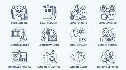 Fototapeta premium Set of Peer to Peer Lending Financial Service Icons.