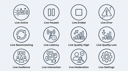 Fototapeta premium Set of live streaming status and control line icons.