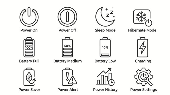 Set of power and battery status line icons for digital devices.